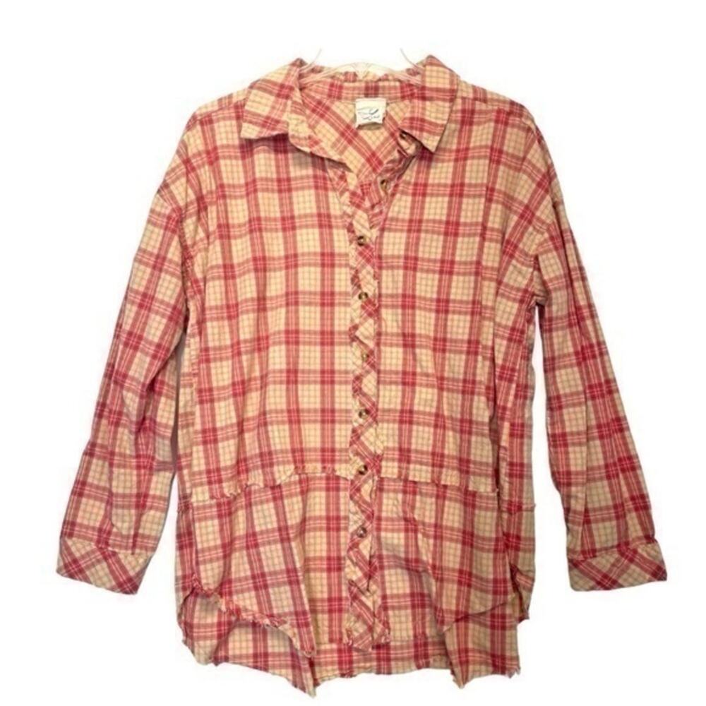 Plaid Button Down Shirt Pink Orange Lightweight Long Sleeve Women’s Size Small